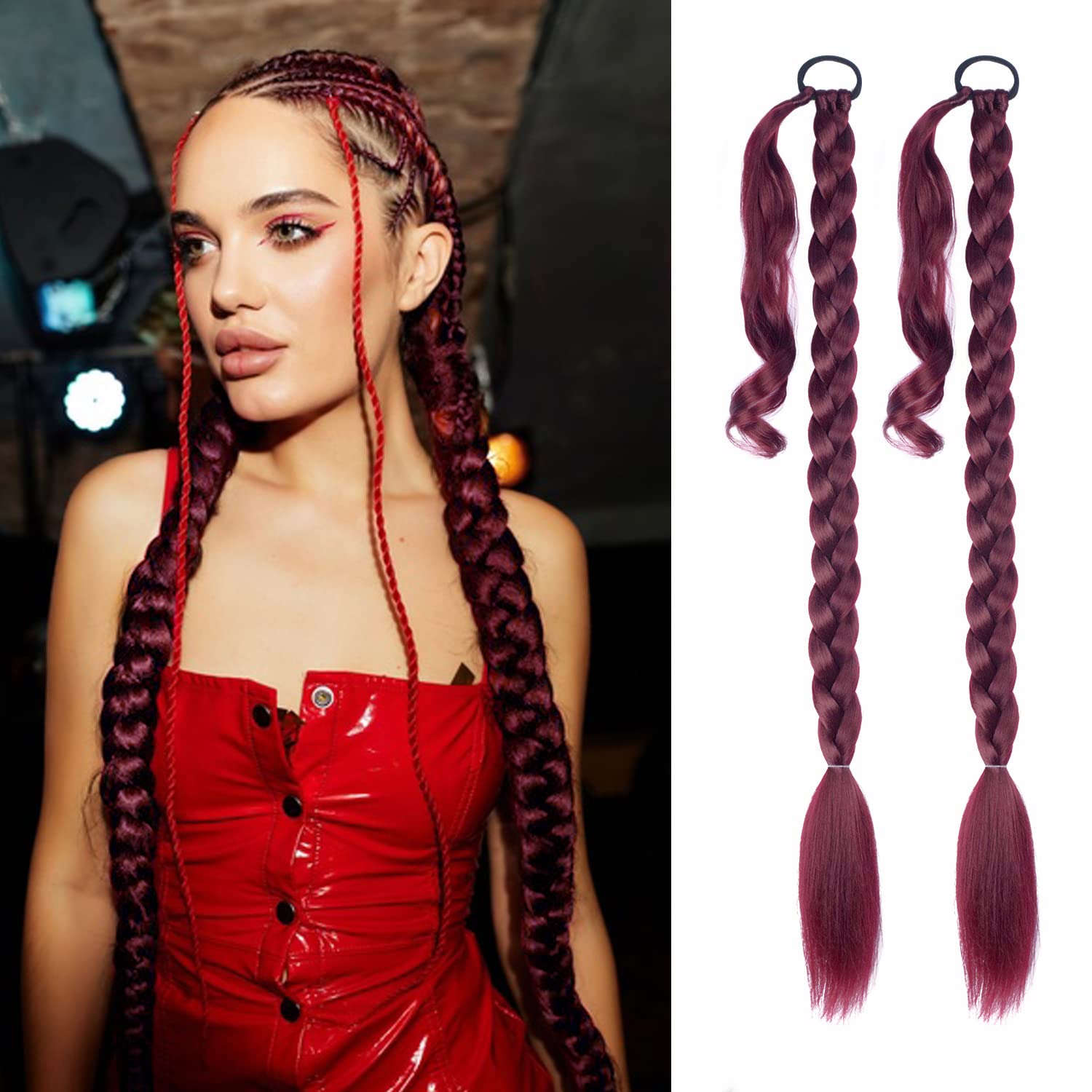 Photo 1 of 2 Pack Long DIY Braided Ponytail Extension with Hair Tie Straight Wrap Around Hair Extensions Ponytail(bug#)