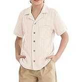 IIMMER Boys Summer Cuban Collar Button Down Shirts Casual Rib-Knit Tops Short Sleeve Vacation Tee with Pocket 5-14 Years