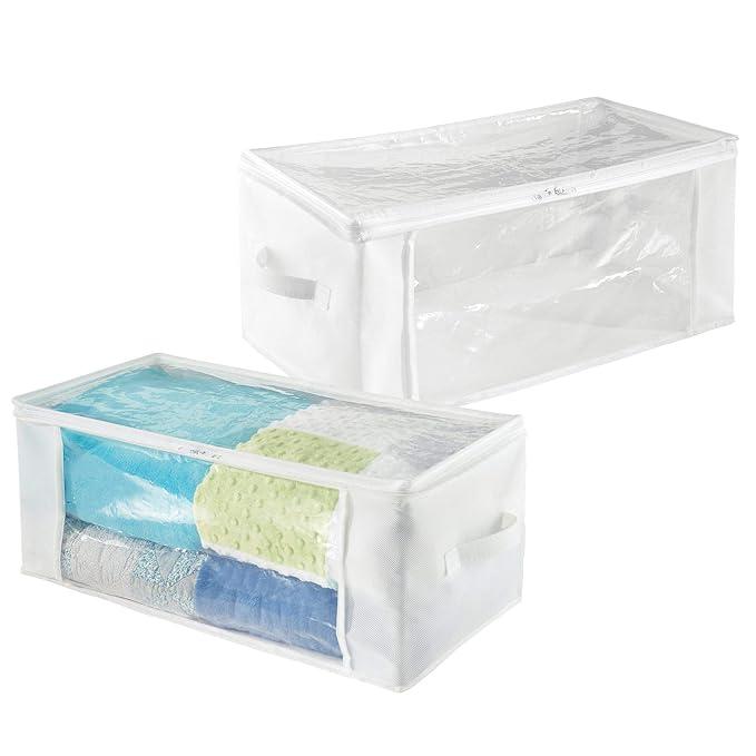 MetroDecor mDesign Juego de 2 Bolsas para Guardar Ropa con Cremallera – Guarda Mantas Alargado de Polipropileno – Organizadores de armarios Plegables para Prendas y edredones – Blanco/Transparente
