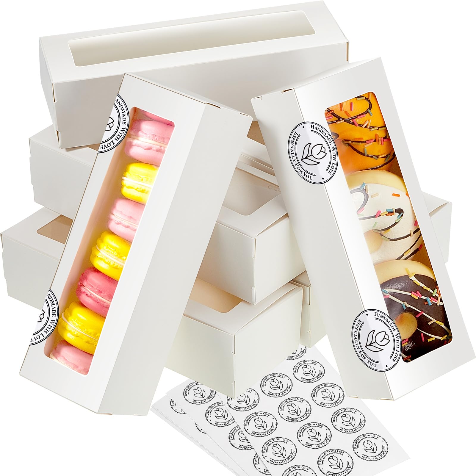 Photo 1 of Sherr 100 Pcs Macaron Boxes with Window Macaron Gift Box for 6 Macaron with 200 Pcs Stickers Long Baking Boxes Rectangle Treat Boxes for Dessert Pastry Packaging for Home DIY Baking Gift(White)