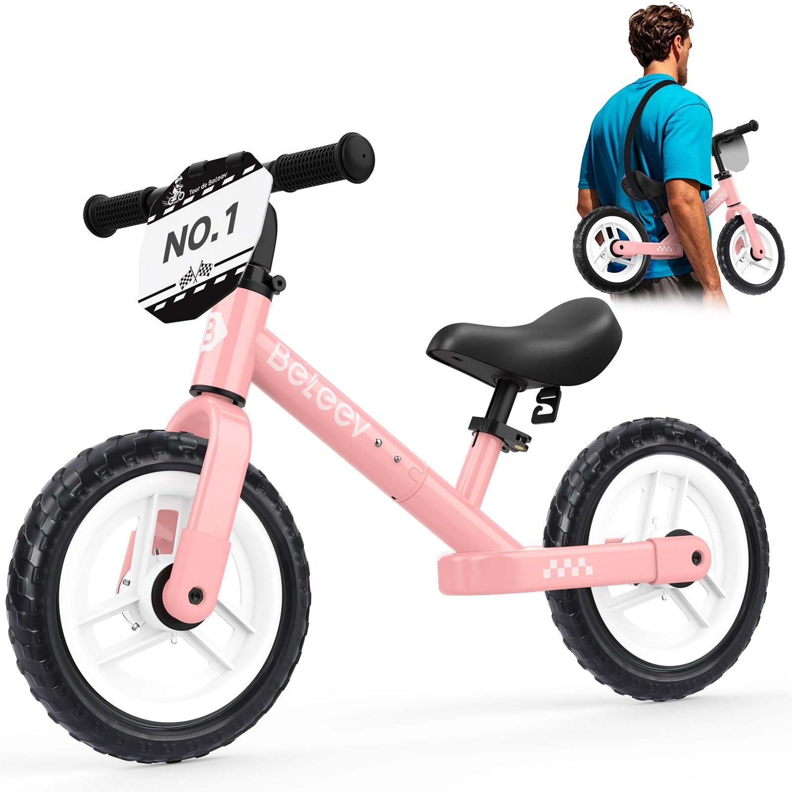 Photo 1 of BELEEV Kids Balance Bike for 2-5 Year Old, 12 inch Toddler Balance Bike with Light-Up Wheels, Carry Strap, Adjustable Handlebar & Seat, Carbon Steel Frame, Customize Plate, Ride-on Toy(Hot Pink)