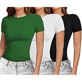 YOGINGO 3 Pack Womens Basic Short Sleeve Crew Neck T Shirt Slim Fit Tee Summer Y2k Going Out Crop Tops Tight Shirts