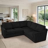 ACMEASE 89 Inches Corduroy Sectional Sofa with High Density Sponge, Black | Modern 5 Seats Corner Couch with Deep Seat, Comfy Modular L Shaped Couch with Comfortable Back Cushions for Living Room