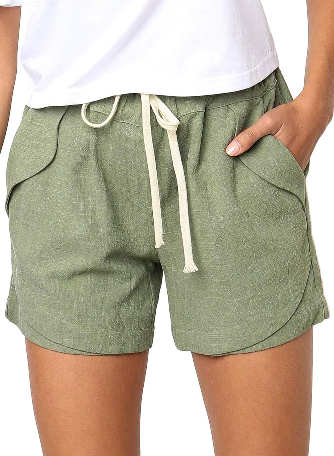 Womens Casual Drawstring Elastic Waist Comfy Cotton Linen Shorts Solid