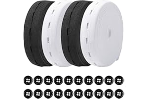 Yookat 4 Rolls Elastic Band with Holes Elastic Band Button Elastic Button Holes Sewing Elastic Bands with Buttonhole and 100Pcs 18mm Black Resin Button (Black and White, 3/4 inch)