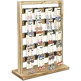 Ikee Design Wooden Jewelry Display Rack with 20 Removable Metal Hooks, Earring Card Display Holder Stand for Earring Cards, Necklaces, Bracelet, Keychain Stand, Oak Color