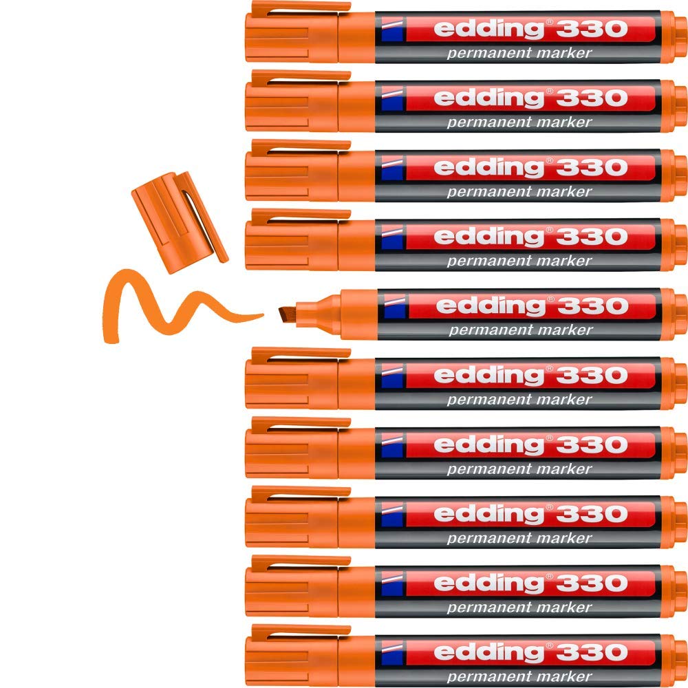 edding 330 permanent marker - orange - 10 pens - chisel tip 1-5 mm - waterproof, quick-drying, smear-proof pens - for cardboard, plastic, glass, wood, metal and fabric
