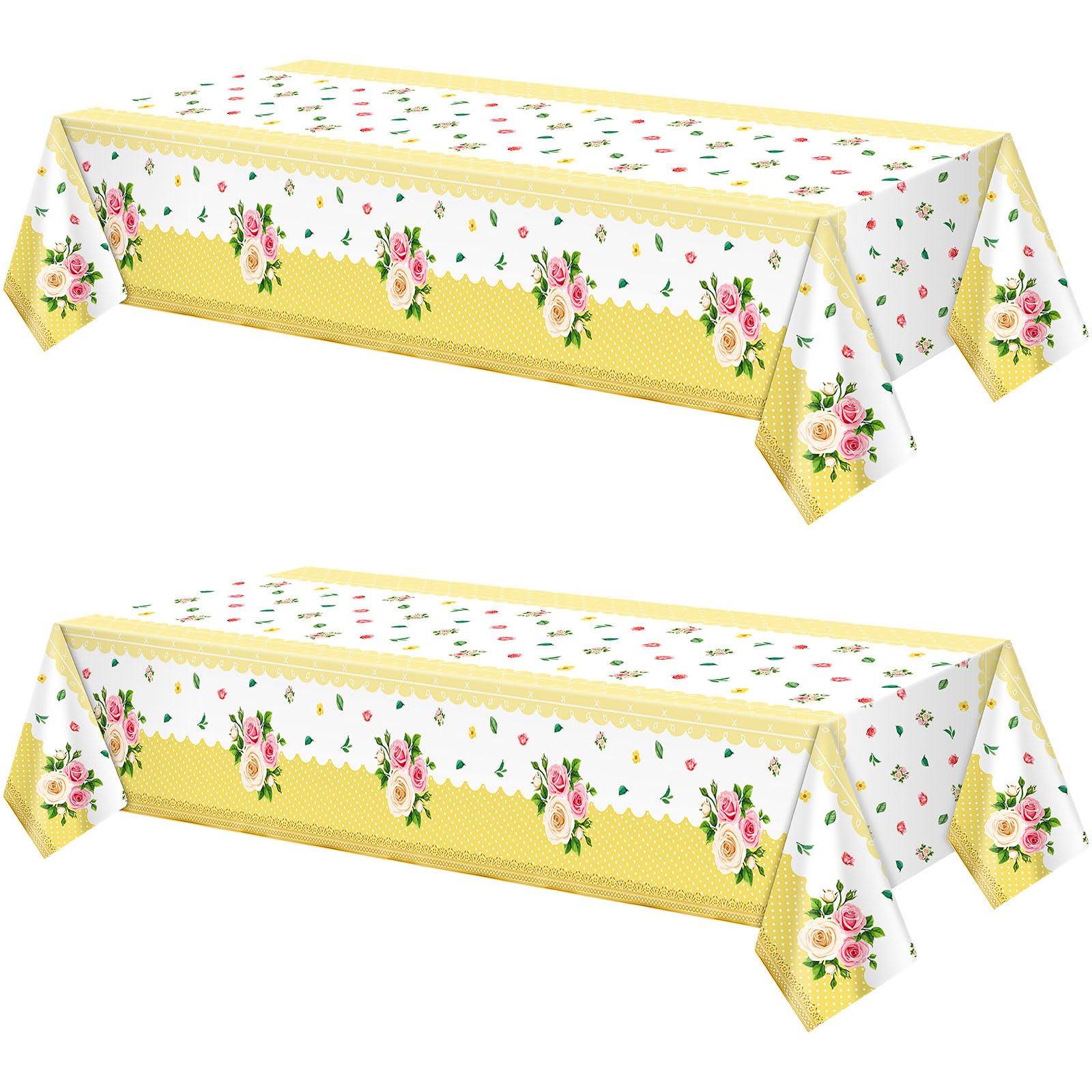 Photo 1 of Mindsoft 2 Pcs Tea Party Tablecloth Vintage Floral Tablecloth 54 x 108 Rectangle Plastic Table Cloth Rose Disposable Table Cover for Birthday Bridal Shower Wedding Tea Party Decorations (Yellow)