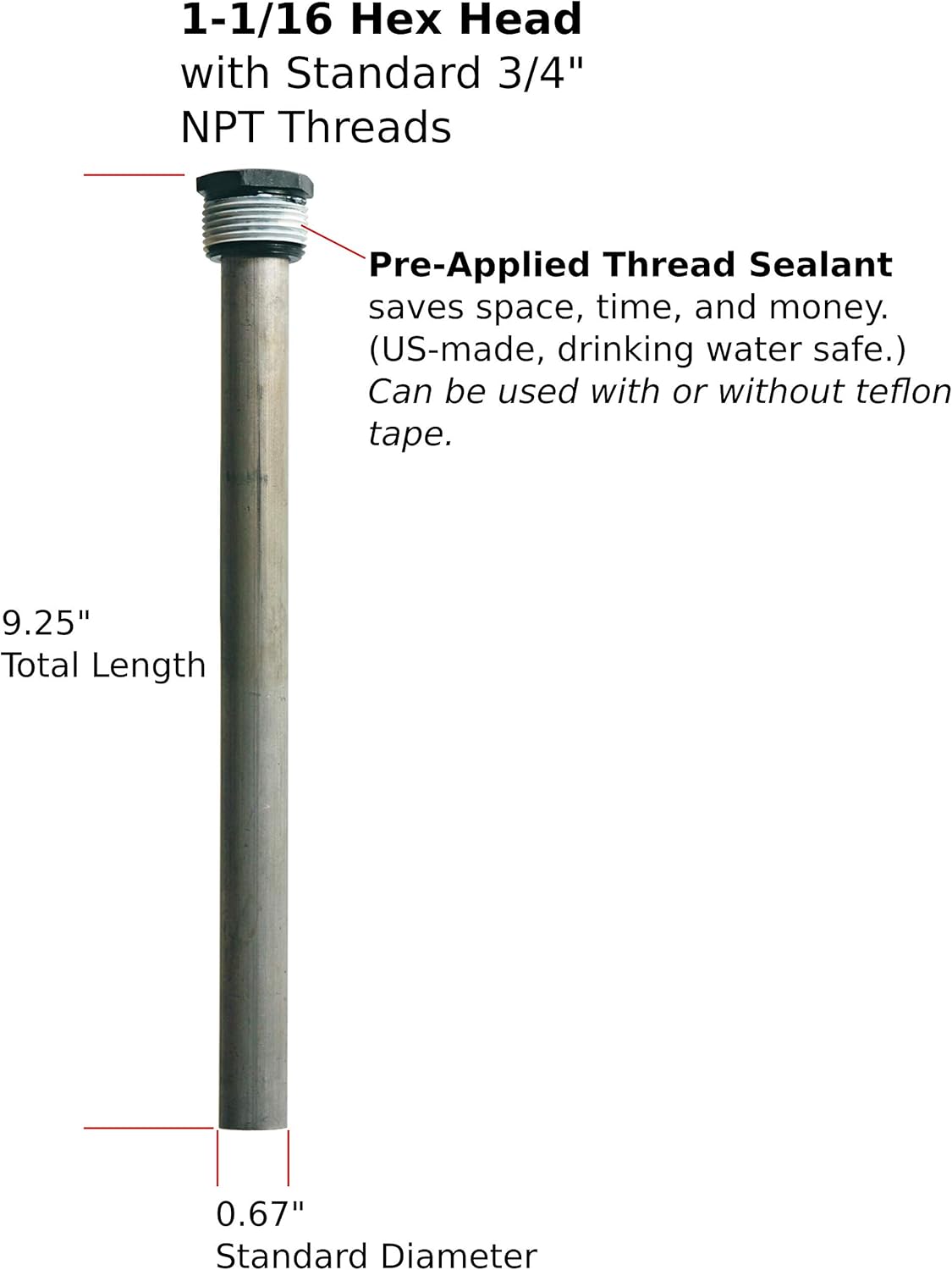 RV Water Heater Anode Rod with Pre-Applied Thread Sealant, Pure Magnesium, 9-in Length, 1-1/16 Hex Head, Fits Suburban Mor-Flo Atwood & Many Others - - 