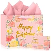 Briurdo 12” Large Floral Happy Birthday Gift Bag Set with Handles, Greeting Card, Tissue Papers for Women Girls, Rose Design