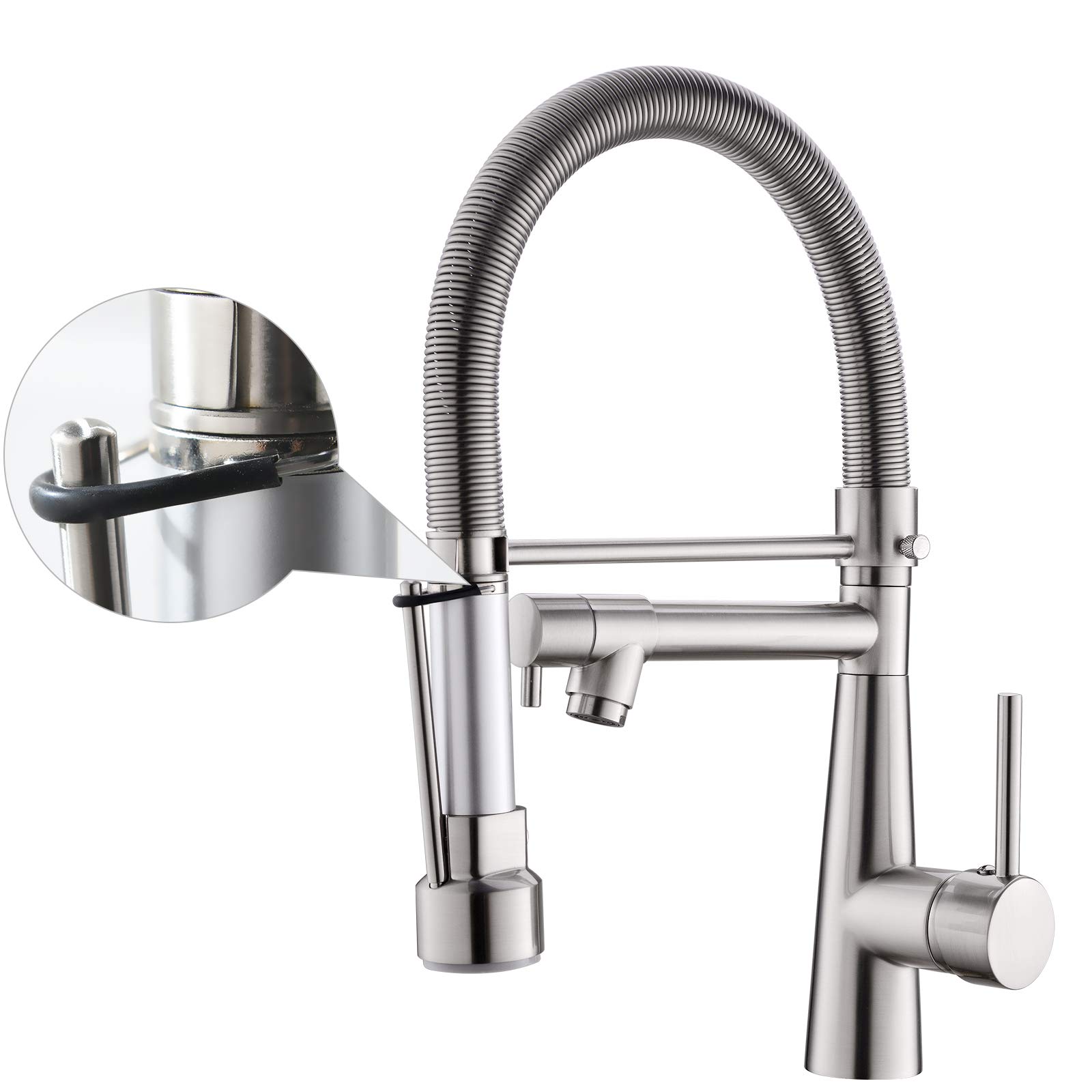 TIMACO LED Kitchen Tap 360° Swivelling with Spiral Spring Shower Extendible Gastro High-Pressure Kitchen Sink Mixer Tap Brushed Nickel