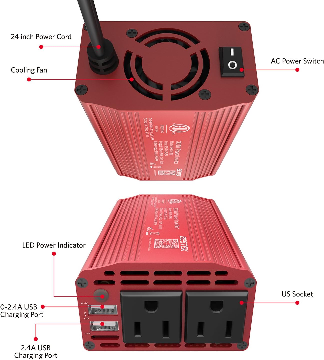 BESTEK 300W Power Inverter DC 12V to 110V AC Car Inverter with 4.2A Dual USB Car Adapter: Electronics
