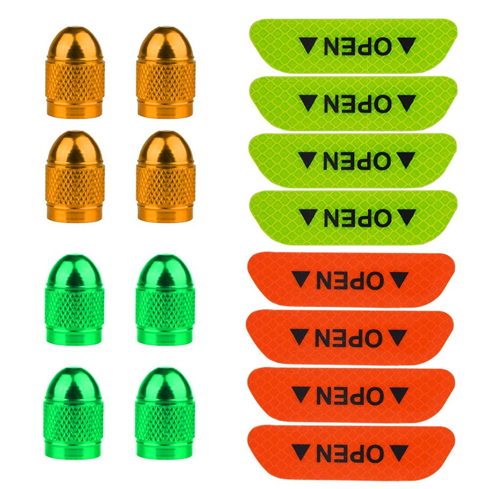 senvenelec 16Pcs color aluminum valve cover, 8 reflective stickers, 8 valve covers (green, gold).