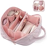 LOVEVOOK Travel Makeup Bag for Women, 2Pcs Puffer Waterproof Cosmetic Organizer, Large Capacity Pouch Open Flat Small Toiletry Bag with Brush Compartment & Handle (Pink, Medium)