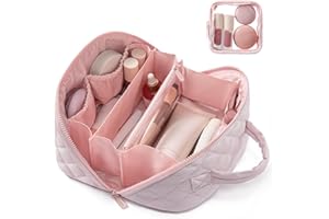 LOVEVOOK Travel Makeup Bag for Women, 2Pcs Puffer Waterproof Cosmetic Organizer, Large Capacity Pouch Open Flat Small Toiletry Bag with Brush Compartment & Handle (Pink, Medium)