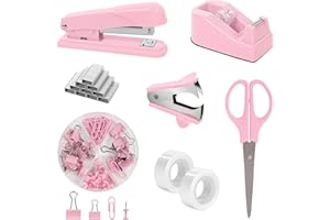 SKYDUE Pink Office Desk Accessories, Pink Office Supplies, Stapler, Tape Dispenser, Scissors, Clips and 1000pcs Staples,Office Supplies for Desk for Women