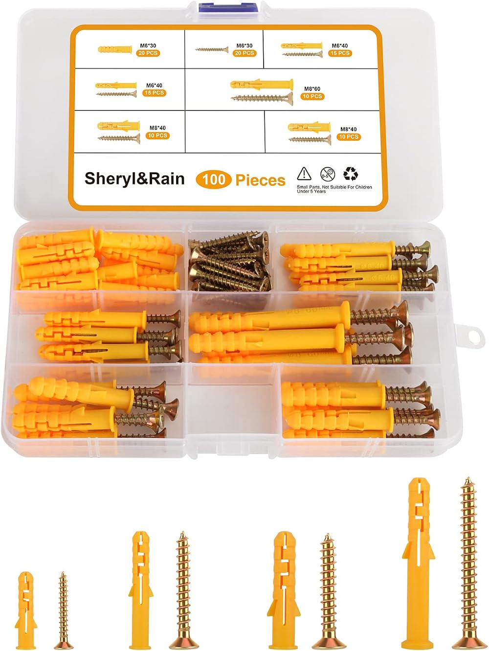 Sheryl&Rain 100Pcs Screws & Wall Plugs Set M6 M8 4 Sizes Rawl Plug Kit