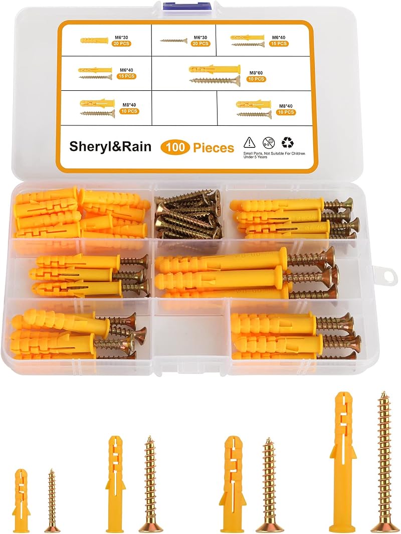 Sheryl&Rain 100Pcs Screws & Wall Plugs Set M6 M8 4 Sizes Rawl Plug Kit