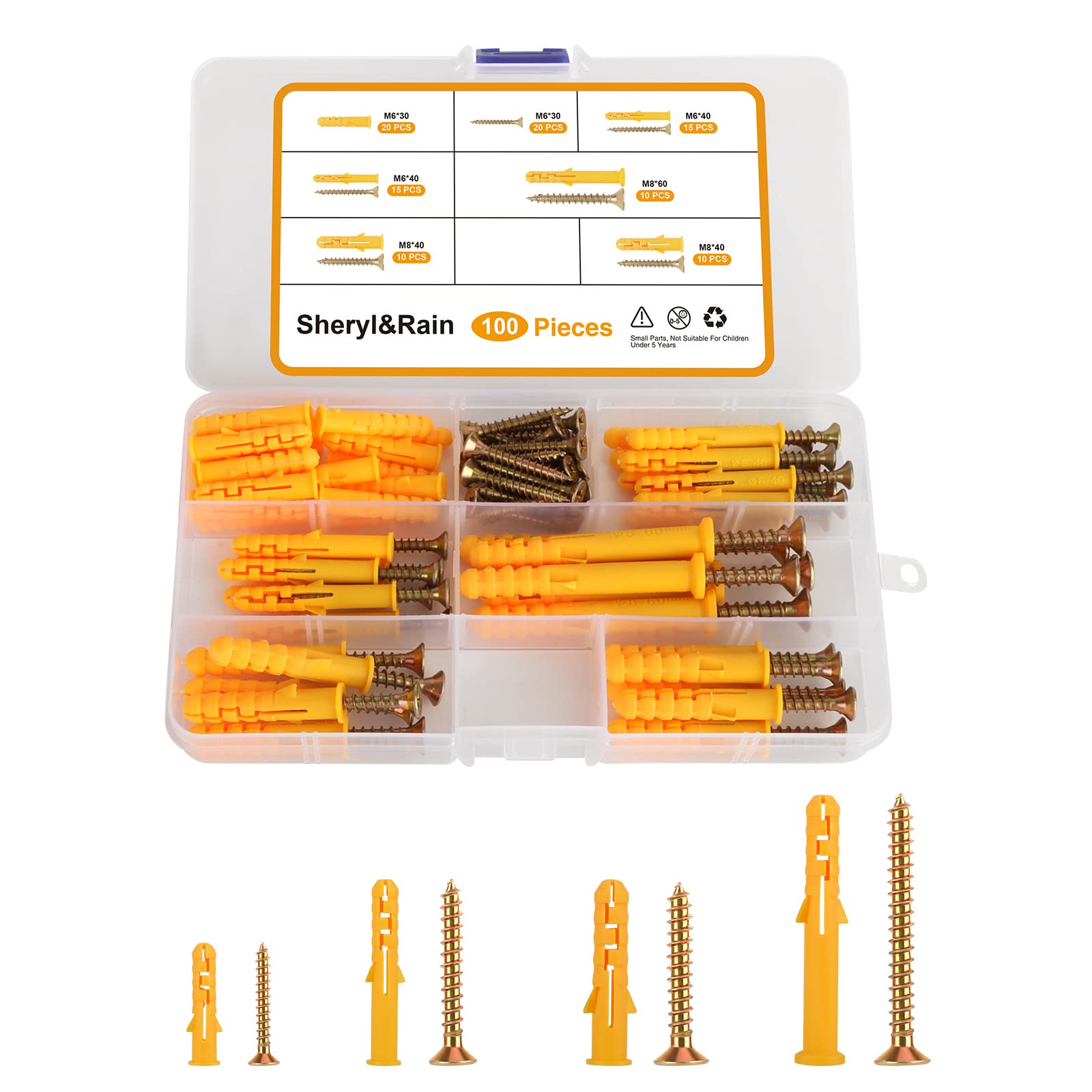 100 Pcs Screws and Wall Plugs Set (50 Masonry Screws, 50 Expansion Pipe Anchor Bolts), M6/M8 4 Assorted Size Wall Plugs and Screw, Rawl Plug for Brick, Rawplugs for Concrete Fixing Drywall