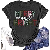Woffccrd Womens Funny Christmas Shirts Merry and Bright T-Shirts Christmas Tree Shirts Merry Christmas Graphic Tee Tops