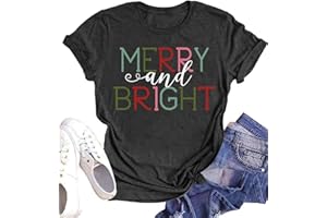 Woffccrd Womens Funny Christmas Shirts Merry and Bright T-Shirts Christmas Tree Shirts Merry Christmas Graphic Tee Tops