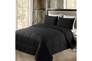 Exclusivo Mezcla Lightweight Reversible 2-Piece Comforter Set All Seasons, Down Alternative Comforter with 1 Pillow Sham, Twin Size, Black
