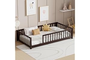 LLS Twin Floor Bed for Children, Durable Montessori Floor Bed with Sturdy Slats and Safety Fence, Solid Wood Floor Bed Frame for Girls Boys and Teens, Espresso (Without Door)