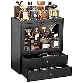 Emfogo Cologne Organizer, 4 Tier Vertical Wood Perfume Stand for Men, Large Capacity Dustproof Perfumes Organizer Cologne Stand with Double Drawer Storage, Gift for Loved ones (Black)