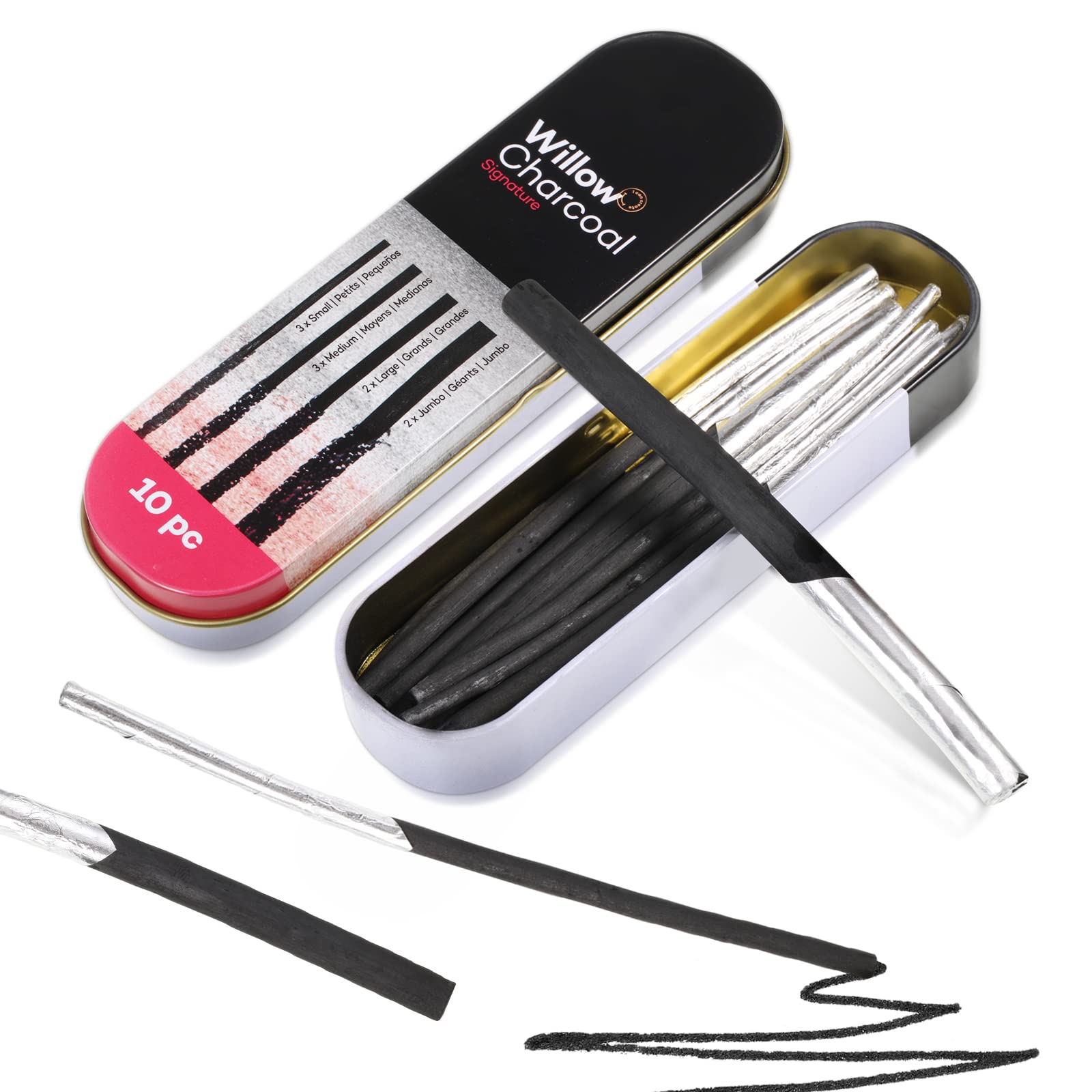 10 Pcs 4 Sizes Willow Artists Charcoal Sticks - Black Willow Charcoal Drawing & Painting Set for Sketching & Shading