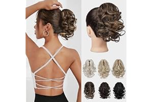 REECHO Ponytail Extension, 9" Claw Clip in Short Curly Wavy Pony Hair Extension Jaw Clip on Pony Tail HP001 Hairpiece for Women - Chestnut Brown with Golden Highlights