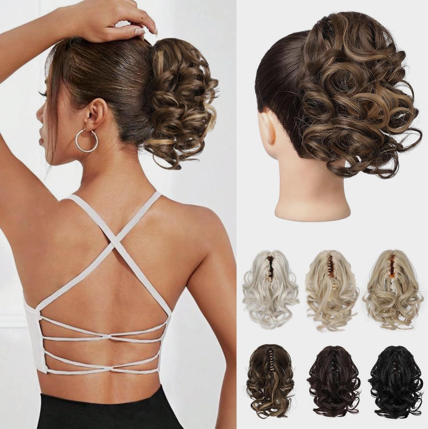 REECHO Ponytail Extension, 9" Claw Clip in Short Curly Wavy Pony Hair Extension Jaw Clip on Pony Tail HP001 Hairpiece for Women - Chestnut Brown with Golden Highlights — image 1