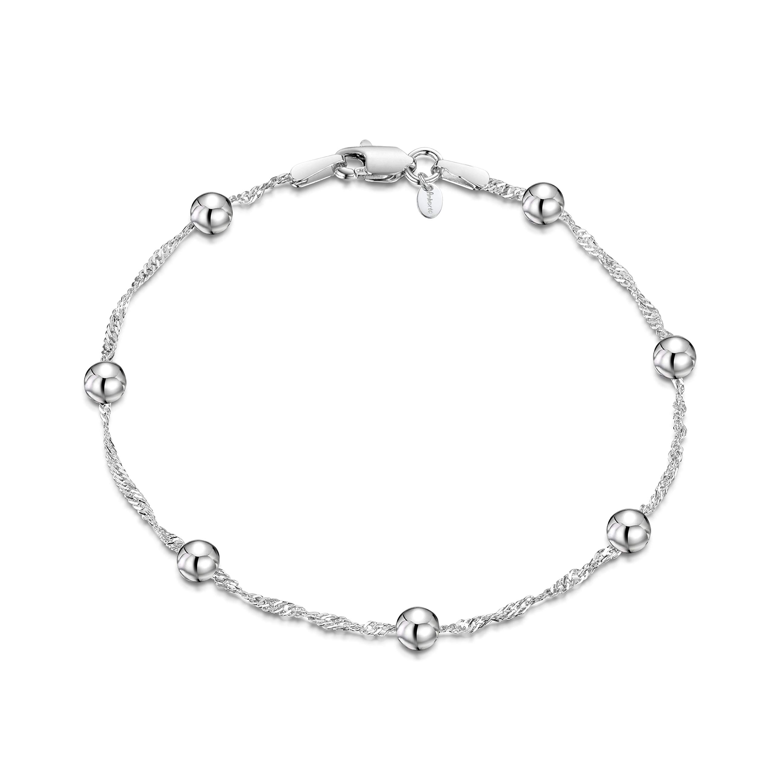 Amberta 925 Sterling Silver 1.4 Singapore Chain Bracelet with 4 mm Ball Beads Length 7" inch / 18 cm (7)