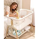 3 in 1 Baby Bassinet with Wheels, Bedside Bassinet Sleeper for Newborn, Portable Baby Crib with 7 Adjustable Height &amp; Large Storage Basket &amp; Full-Mesh, Easy Folding Baby Bed for Infant (Beige)