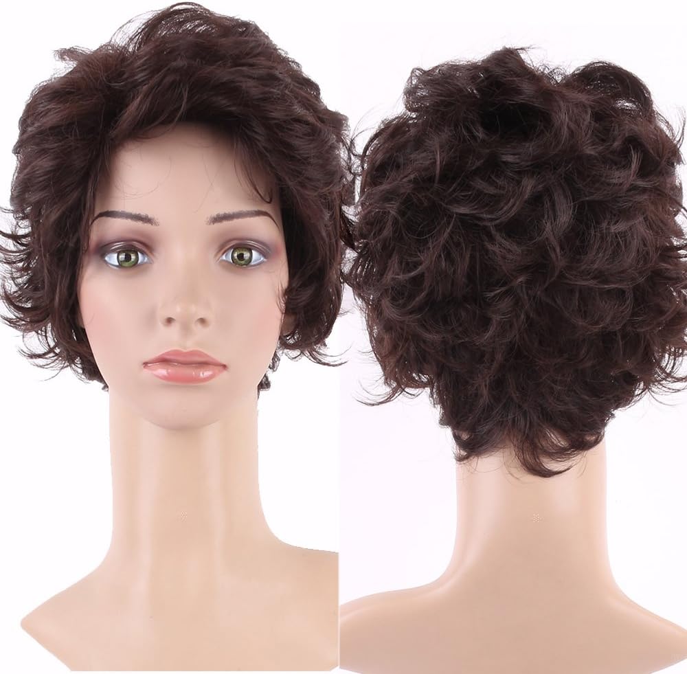 S-noilite Women's Short Wig Summer Style Full Wavy Curly Synthetic Hair Dark Brown Ladies Wigs, Short Dark Brown