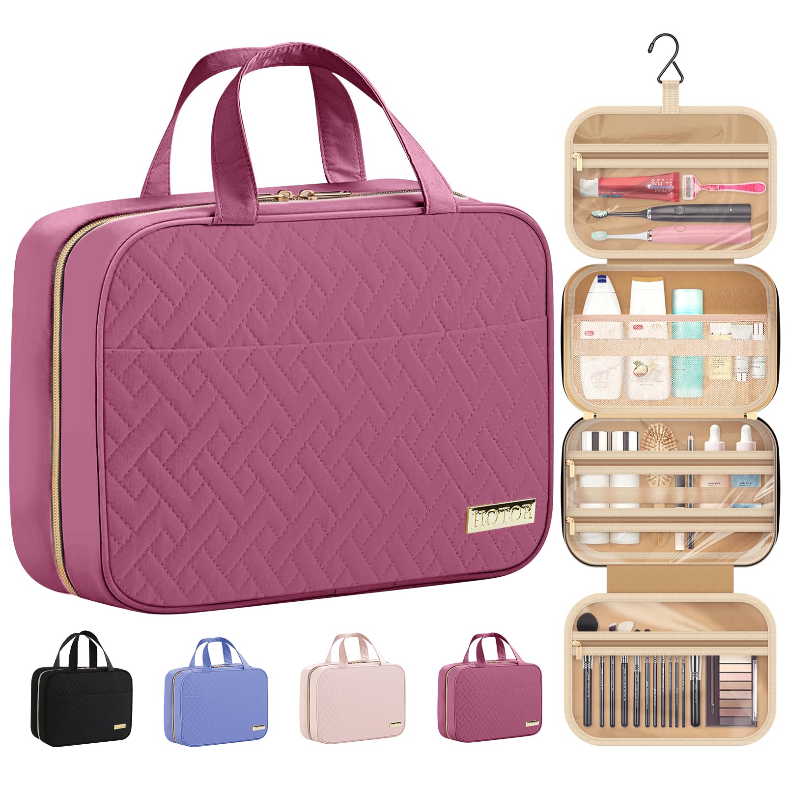 Photo 1 of HOTOR Travel Toiletry Bag w/Hanging Hook - Spacious Toiletry Bag Essentials for Women & Men, Makeup Bag/Big Comparment, Waterproof for Travel Accessories, Large, Rosewood-Pink