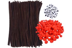 Livder Christmas Pipe Cleaners Set - 475 Pieces, 145 Brown Chenille Stems, 190 Red Pom Poms, 140 Wiggle Eyes for Crafts
