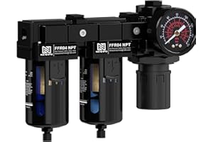 NEWPO 1/2" NPT Double Air Compressor Filter for Water Sparator, Air Drying System for Spray Guns, Air Regulator with Pressure Gauge, Semi-Auto Drain, Metal Bracket,5 Micron Brass Filter Cartridge