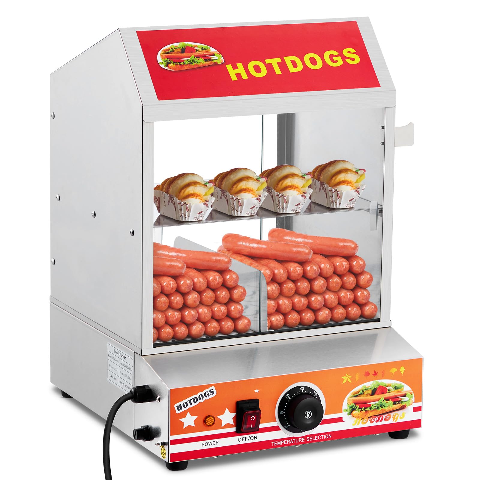 ACONEE Hot Dog Steamer, 2-Tier Hot Dog Steamer with Bun Warmer Adjustable Temperature, 28.5 QT Electric Bun Warmer Cooker Glass Sliding Door Partition, Stainless Steel, Steaming 175 Hot Dogs & 40 Buns