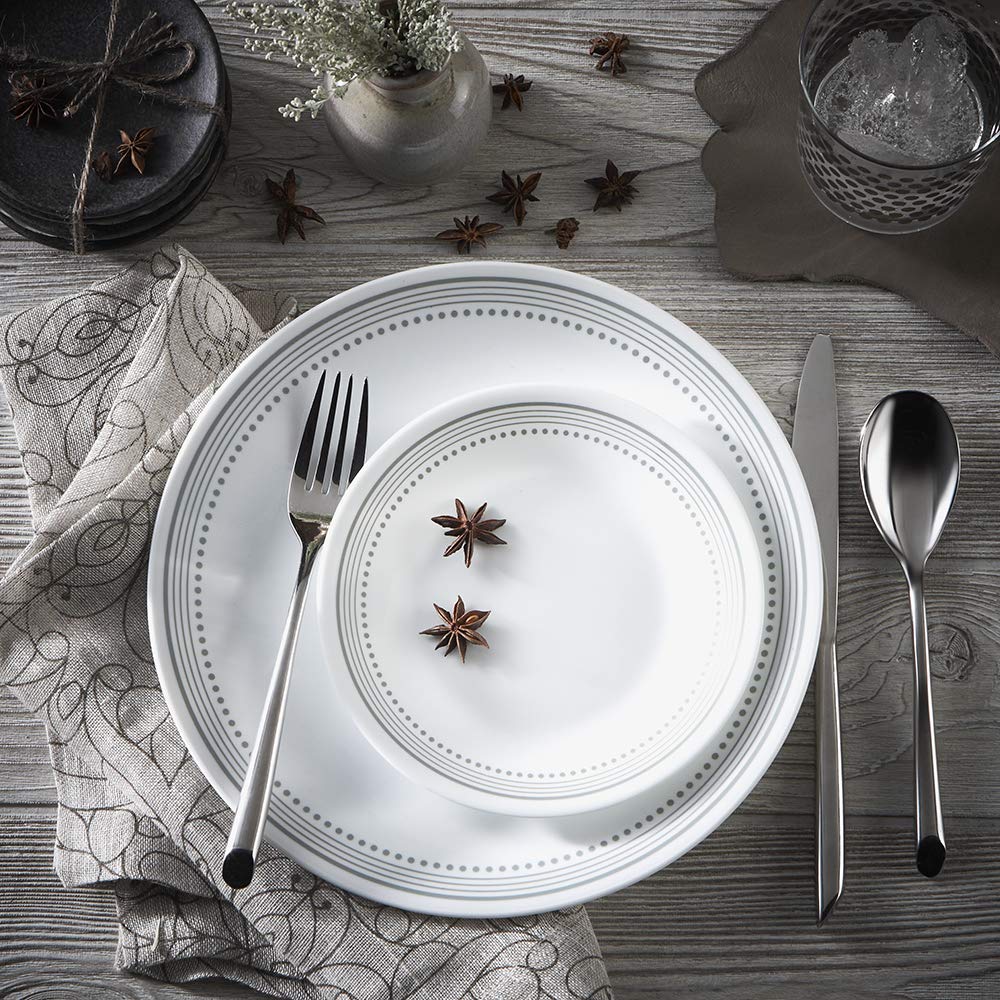 Corelle Vitrelle 18-Piece Service for 6 Dinnerware Set Triple Layer Glass and Chip Resistant, Lightweight Round Plates and Bowls Set, Mystic Gray