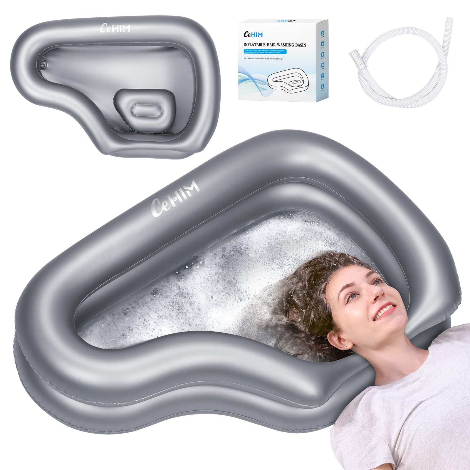Photo 1 of ?Portable Inflatable Shampoo Basin for Bedridden & Elderly - Zero Pooling Design | Fast-Drain Slope & Neck Support | Portable Hair Wash Bowl, Drain Hose | Hospital PVC | Home Use (Silver, Large)