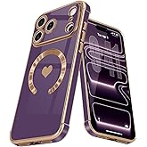 L-FADNUT Magnetic Case for iPhone 17 Pro Max Women Girls Luxury Plating Cute Love Heart Soft Back Cover Full Camera Lens Protection Compabtible with MagSafe for iPhone 17 Pro Max Case Dark Purple