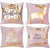 ONWAY Pink Gold Christmas Decorations Throw Pillow Covers 18x18 Set of 4 Snowflakes Reindeer Decorative Cushion Cases Xmas Golden Decor for Couch Sofa Bedroom