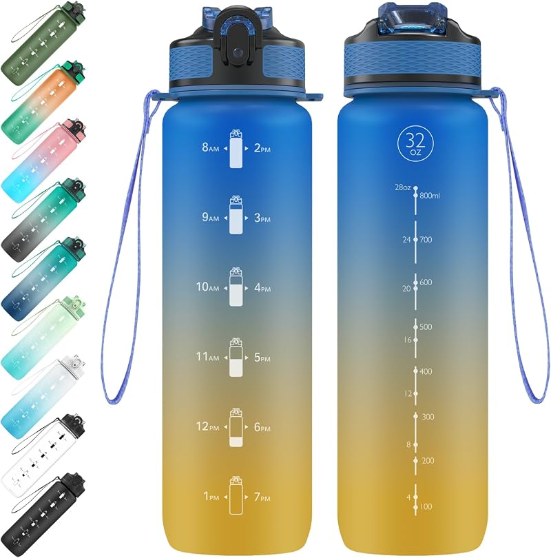 EYQ 1L Water Bottle with Straw Time Marker Tritan BPA-Free Leak-Proof