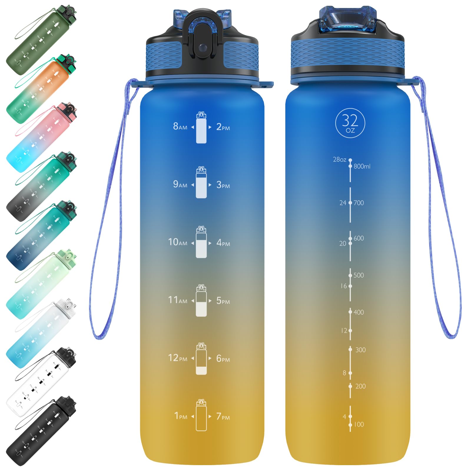 EYQ 1L Water Bottle, 1 Litre Water Bottle with Straw, 32oz Leak-Proof Motivational Sports Drinks Bottle with Time Marker, Tritan BPA-Free, Drinking Waterbottles for Fitness, School, Gym Outdoor Sports