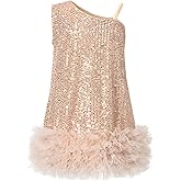 Tutu.kk Girls Sequin Party Dress One-Shoulder Sparkly Birthday Formal Dresses for Kids