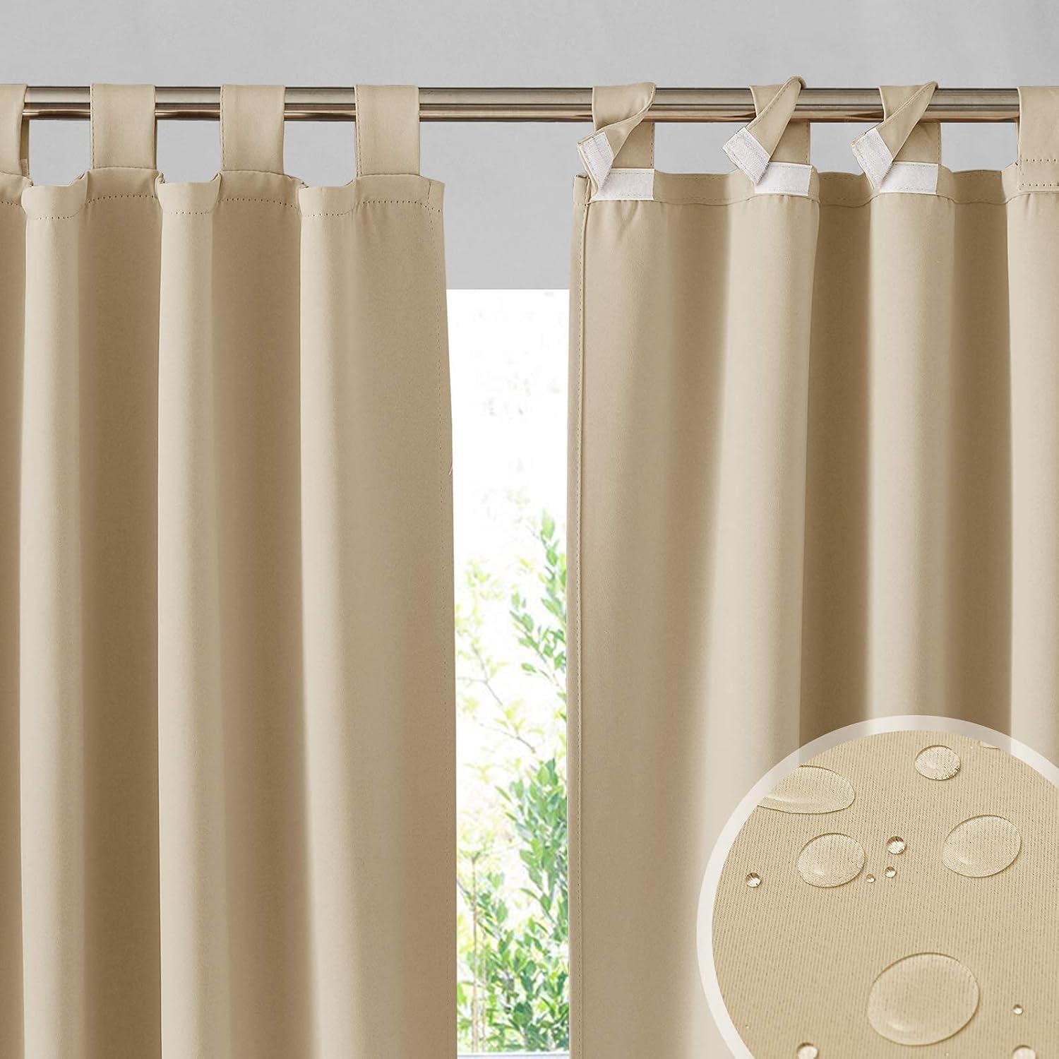 Outdoor Curtains - RYB HOME Outdoor Patio Curtains - Detachable Top Waterproof Windproof, Blackout Thermal Insulated Curtains for French Door Porch Pergola Cabana Sun Room Deck, W 100 x L 84 inch Long, 1 Pc, Beige