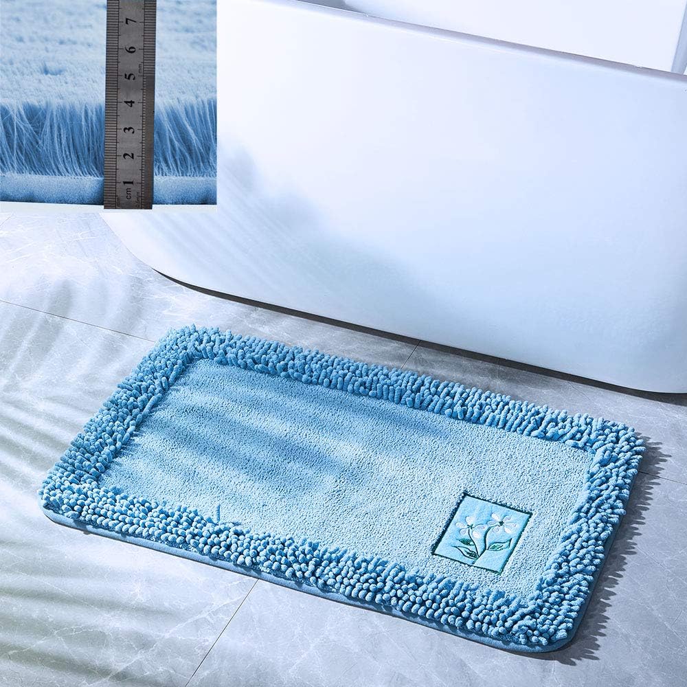 Non Slip Shaggy Chenille Bath Rug -Soft Microfibers Mat for Bathroom Rugs Water Absorbent of Plush Carpet, Machine Washable and Dryable for Tub Shower, 20 x 30 Inches Blue and Gray (2030, Blue): Kitchen & Dining