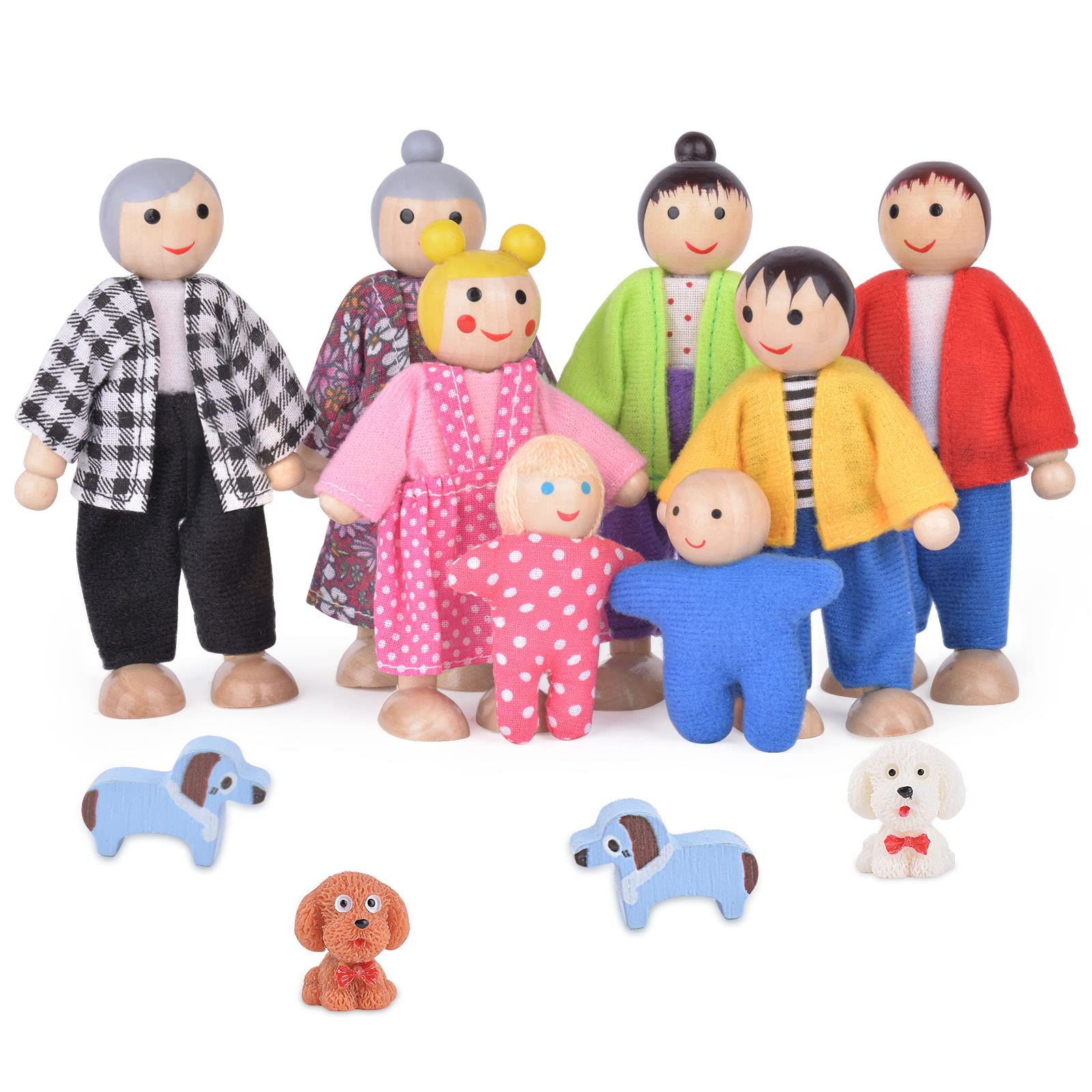 Aolso Wooden Dolls House Family Dolls Toys, Sets of 8 People Wooden Doll House with 4 Dogs, Lovely Happy Family Doll Playset DollHouse Accessories for Kids