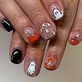 Halloween Press on Nails Cute Little Ghost Stick on Nails Glossy Fake Nail with Orange Pumpkins Designs Full Cover Acrylic Short Square False Nails for Women DIY Halloween Manicuare 24 Pcs