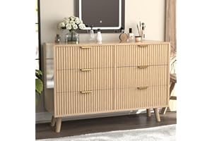SFDOU Wooden Fluted Dresser for Bedroom,Modern Wide Chest of 6 Drawers Dressers for Bedroom Furniture,Wood Drawer Dresser wit